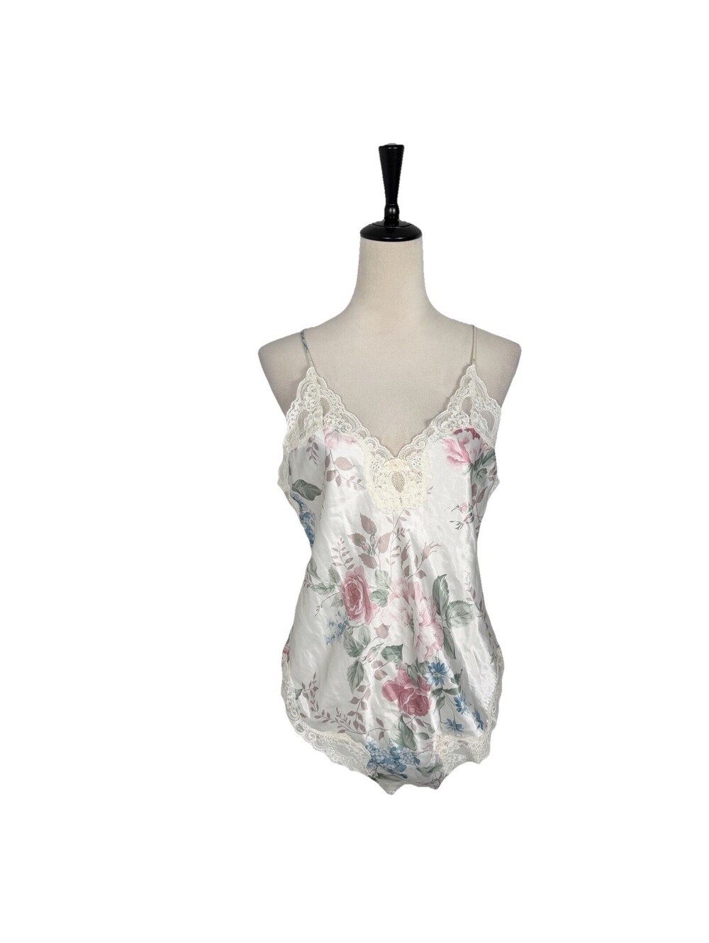 Vintage Delicates White Floral Lace Trim Satin Lingerie Bodysuit Dainty Medium